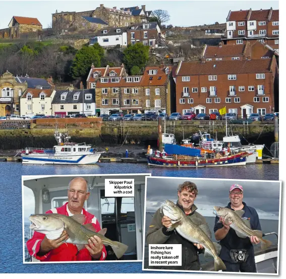  ??  ?? Skipper Paul Kilpatrick with a cod Inshore lure fishing has really taken off in recent years