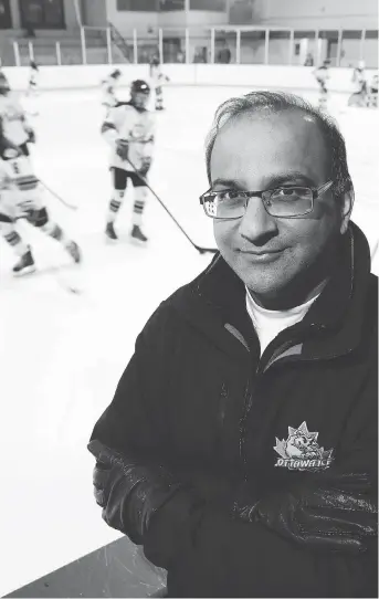  ?? DARREN BROWN/FILES ?? Nalin Bhargava, former president of the Ottawa Girls Hockey Associatio­n, is leading the charge locally to get new Canadians interested in hockey, saying, “It’s their ticket into Canada.”