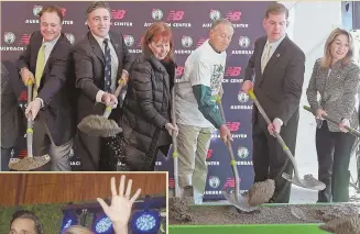  ?? STAFF PHOTO, ABOVE, BY MATT STONE; PHOTO, LEFT, COURTESY OF THE DANA-FARBER CANCER INSTITUTE ?? Above from left, Stephen Pagliuca, Wyc Grousbeck, Randy Auerbach, Jim Davis, Mayor Marty Walsh and Lt. Gov. Karyn Polito at the groundbrea­king ceremony for the new Celtics practice facility. At left, Bill and Giuliana Rancic emcee the auction at the...