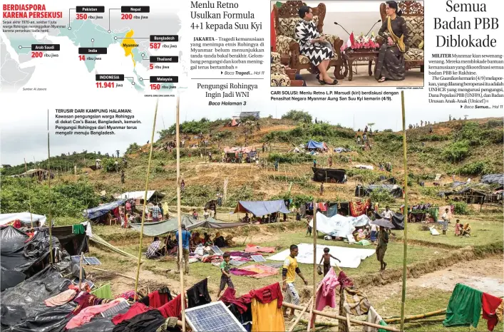  ??  ?? TERUSIR DARI KAMPUNG HALAMAN: Kawasan pengungsia­n warga Rohingya di dekat Cox’s Bazar, Bangladesh, kemarin. Pengungsi Rohingya dari Myanmar terus mengalir menuju Bangladesh.