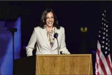  ?? Andrew Harnik Associated Press ?? VICE PRESIDENT- ELECT Kamala Harris, seen at the Democratic ticket’s political victory lap on Nov. 7 in Wilmington, Del., will take her oath of off ice this month and could cast tie- breaking votes in the U. S. Senate.