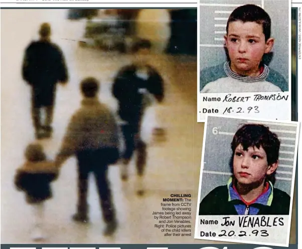  ??  ?? CHILLING MOMENT: The frame from CCTV footage showing James being led away by Robert Thompson and Jon Venables. Right: Police pictures of the child killers after their arrest