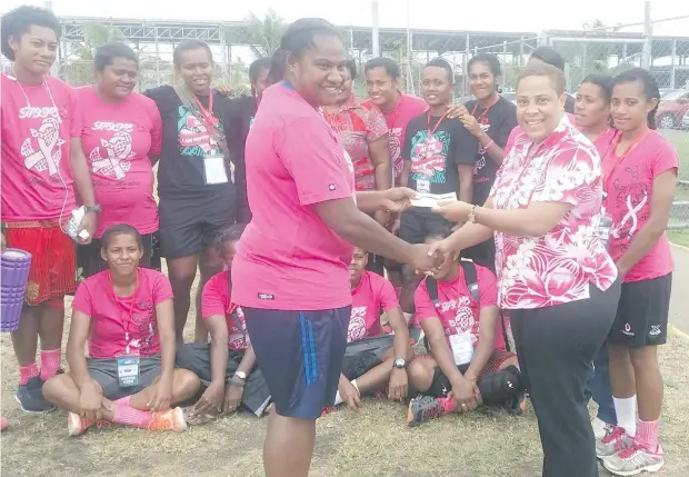  ??  ?? Republic of the Fiji Military Forces service women representa­tive Captain Anaseini Kaumaitoto­ya and Fiji Cancer Society’s Talei Osbourne during their donation on October 19, 2017.