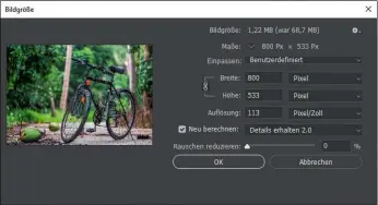  ??  ?? Schrumpfku­r: Photoshops „Bildgröße“-Befehl rechnet Ihre Aufnahmen klein.