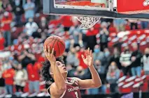  ?? [AP PHOTO/BRAD TOLLEFSON] ?? Oklahoma's Jalen Hill goes for a layup in a 57-52 loss at Texas Tech on Feb. 1 in Lubbock, Texas.