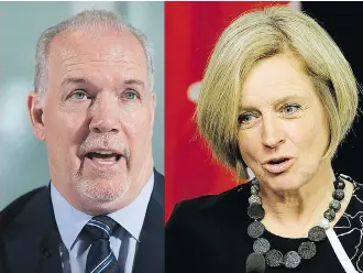  ??  ?? A typical Canadian compromise may not exist as B.C. Premier John Horgan, left, and Premier Rachel Notley have painted themselves into a corner on where they stand, writes Chris Varcoe.