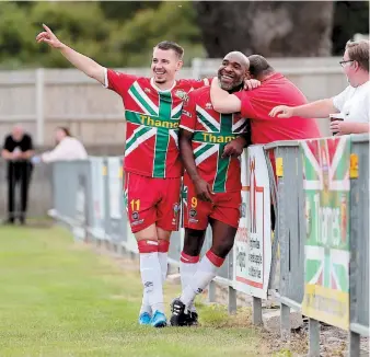 ?? ?? Ernest Murmylo and Barry Hayles celebrate a goal against Flackwell. Gary House.