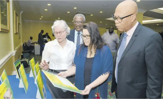  ??  ?? Dr Michelle Kennedy (left), co-ordinator at the Jamaican Language Unit, The University of the West Indies, describes some of the structural characteri­stics of Jamaican Creole to Abigail Roberts (centre), director – Americas Area, Seed Company; Oral Mccook (right), chairman, Wycliffe Caribbean, and John Roomes, CEO, Wycliffe Caribbean, at the Wycliffe Caribbean Bible Translatio­n Conference last Wednesday, at the Knutsford Court Hotel in Kingston.