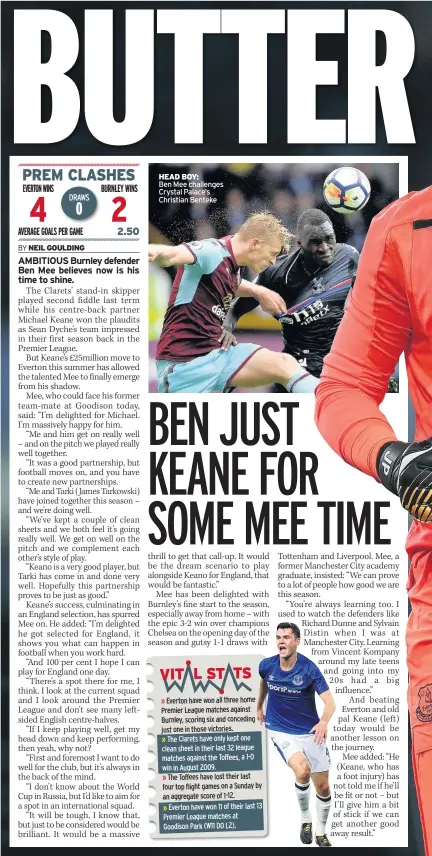  ??  ?? HEAD BOY: Ben Mee challenges Crystal Palace’s Christian Benteke