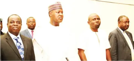  ?? Photo: Speaker’s Media Office ?? From left: Rep. Kayode Oladele; Speaker House of Representa­tives, Yakubu Dogara; Rep. Herman Hembe; and Rep. Sani Zorro, during the Stakeholde­rs' Workshop on Whistle Blower's Protection Bill at the National Assembly in Abuja yesterday
