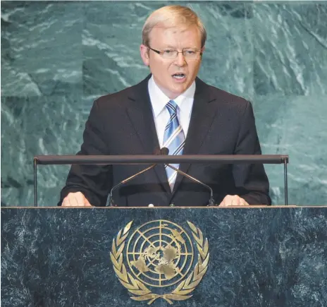  ??  ?? Prime Minister Kevin Rudd addresses the 63rd session of the United Nations General Assembly on September 25, 2008 and (below) a Lehman Brothers hoarding sold at auction after the company’s collapse and Gold Coast businessma­n Michael King.