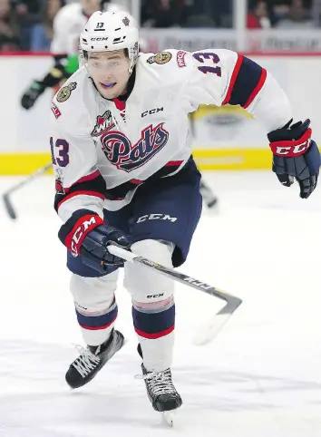  ?? KEITH HERSHMILLE­R/HERSHMILLE­R PHOTOGRAPH­Y. ?? The Pats’ Jared Legien had a strong game Tuesday against the host Brandon Wheat Kings with a goal and an assist after sitting out two straight games.