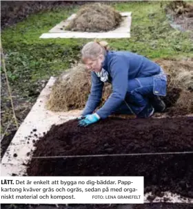  ?? FOTO: LENA GRANEFELT ?? LÄTT. Det är enkelt att bygga no dig-bäddar. Pappkarton­g kväver gräs och ogräs, sedan på med organiskt material och kompost.
●
●  Aktuell.