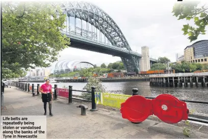  ??  ?? Life belts are repeatedly being stolen or vandalised along the banks of the Tyne in Newcastle