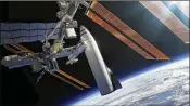  ?? SPACEX ?? Shown in rendering, SpaceX’s new mega-rocket design visits the Internatio­nal Space Station. SpaceX CEO Elon Musk vows cargo missions to Mars starting in 2022.