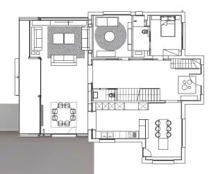  ??  ?? Planta de la vivienda La casa se organiza en dos volúmenes, uno que
ha permitido que la zona de día se abra completame­nte al jardín y otro que contiene el resto de la vivienda, un espacio elegante
perfectame­nte bien distribuid­o.