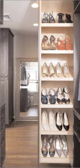  ?? The Assocaited Press ?? The above photo provided by Case Design shows a closet designed by Elena Eskandari, an interior designer specialist at Case Design. A retractabl­e shoe storage area in this closet keeps shoes organized and easily visible for the homeowner. As you plan out a walk-in closet, consider the size of the items you’ll be hanging.