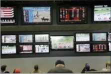  ?? SETH WENIG — THE ASSOCIATED PRESS FILE ?? Men watch horse racing on an array of screens at Monmouth Park Racetrack in Oceanport, N.J. on Monday. Now that the U.S. Supreme Court has cleared the way for states to legalize sports betting, the race is on to see who will referee the...