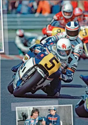  ??  ?? Above: He did Rocket restarts too! Postschwan­tz wipe-out, British GP 1988!
Right: Ron was a giant, who raced the giants: Mamola, Spencer, Lawson...
Below: Ron and Freddie Spencer.