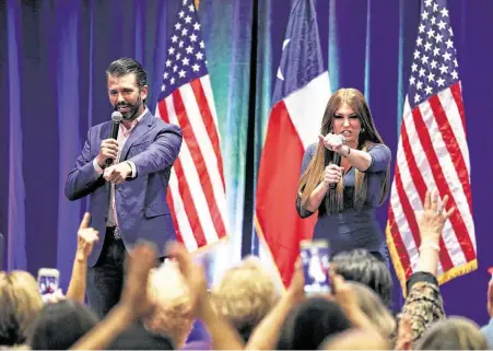  ?? Tom Reel / Staff photograph­er ?? Donald Trump Jr. works the audience Tuesday, attacking Democrats with campaign adviser Kimberly Guilfoyle as he visits the Henry B. Gonzalez Convention Center on behalf of the Trump/Pence 2020 re-election campaign.