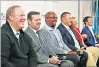  ?? [JIM BECKEL/ THE OKLAHOMAN] ?? Mickey Tettleton, left, is part of this year's induction class for the Oklahoma Sports Hall of Fame. Included in the class are, left to right, Bob Stoops, Will Shields, Mike Moore, Patty Gasso and Kendall Cross. Lou Henson will also be inducted during Monday's ceremony.