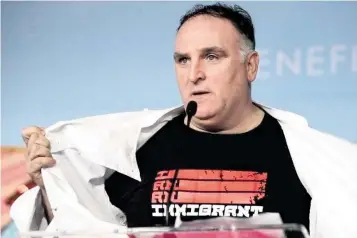 ?? ?? Chef José Andrés was protesting President Donald Trump’s immigratio­n message at the South Beach Wine & Food Festival in February 2017, when he tore off his chef’s coat during his speech to proclaim, ‘I am an immigrant.’