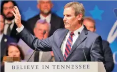  ?? AP PHOTO/MARK HUMPHREY ?? Gov. Bill Lee delivers his inaugural address in 2019 in Nashville. Sixty-three percent of surveyed evangelica­ls believe the state is a good model for the nation, and 57% say the Tennessee legislatur­e is doing good work.