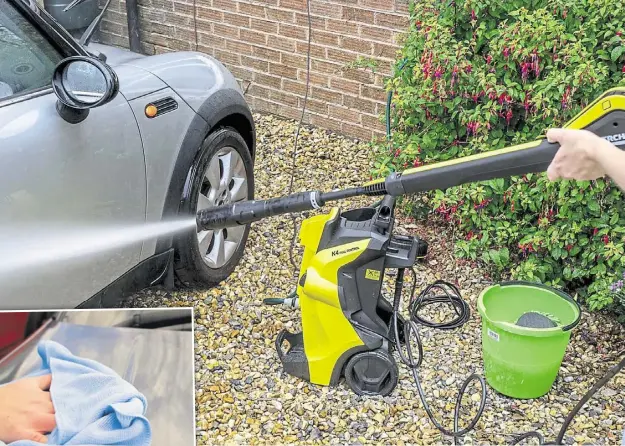  ?? ?? Don’t forget the wheel arches and lower bumper areas, as these pick up lots of grit and dirt over the winter. Left, a decent wipe down with a microfibre cloth at the end will remove any excess water and prevent leaving marks