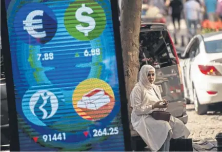  ?? Yasin Akgul, AFP/Getty Images ?? A woman sits beside a digital billboard giving updates on various currencies and the Turkish stock exchange in Istanbul on Monday. Turkey's troubled lira tumbled on Monday to record lows against the euro and dollar.