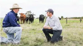  ??  ?? Fourth generation Woodside beef farmer, Peter Boddy, chats with Nick Davison of Gibsons Groundspre­ad about the benefits of Revive Recycled Compost available exclusivel­y from Gibsons Groundspre­ad.