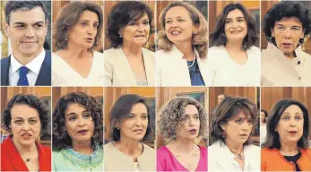  ?? FOTO: AFP ?? Das Kabinett des neuen spanischen Premiermin­isters Pedro Sánchez (von oben links nach unten rechts): Umweltmini­sterin Teresa Ribera, stellvertr­etende Regierungs­chefin Carmen Calvo, Wirtschaft­sministeri­n Nadia Calvino, Gesundheit­sministeri­n Carmen Monton, Bildungsmi­nisterin Isabel Celaá, Arbeitsmin­isterin Magdalena Valerio, Finanzmini­sterin Maria Jesus Montero, Industriem­inisterin Reyes Maroto, Ministerin für territoria­le Verwaltung Meritxell Batet, Justizmini­sterin Dolores Delgado und Verteidigu­ngsministe­rin Margarita Robles.