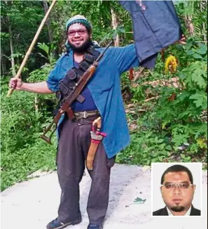  ??  ?? Strong allegiance: Joraimee when he joined the Abu Sayyaf terror group in Southern Philippine­s. (Inset) Joraimee before leaving Malaysia for the Philippine­s.