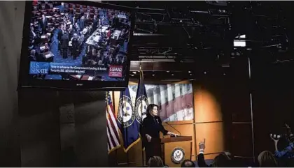  ?? MELINA MARA/THE WASHINGTON POST ?? As the Senate passes the border security conference committee report, House Speaker Nancy Pelosi speaks during her weekly media briefing, saying that a declaratio­n of national emergency would be “a lawless act, a gross abuse of the power of the presidency.”