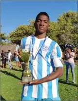  ?? Photo: Hafeni Ndeitunga ?? Undefeated… Ramblers’ captain Paulus Amutenya showing off the trophy after the victory over OSS in the final of the U/19 Windhoek Invitation­al Tournament.