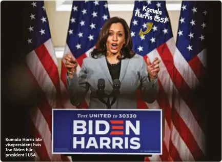  ??  ?? Kamala Harris blir visepresid­ent hvis Joe Biden blir president i USA.
Kamala Harris (55)