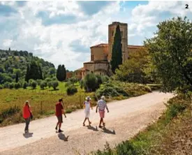  ??  ?? 1| Il borgo medievale di Santa Fiora (Gr), affacciato sul fiume omonimo. 2| In cammino verso l’abbazia di Sant’Antimo. 3| Una camera del Castello di Velona ,a Montalcino (Si). 4| Un piatto di carne dell’Antico Casale di Scansano (Gr).