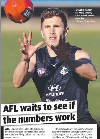  ?? Picture: Michael Klein ?? FOCUSED: Carlton star Marc Murphy trains in Melbourne yesterday.