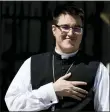  ?? ASSOCIATED PRESS FILE PHOTO ?? Bishop Megan Rohrer speaks to the press before their installati­on ceremony at Grace Cathedral in San Francisco, Saturday, Sept. 11, 2021.