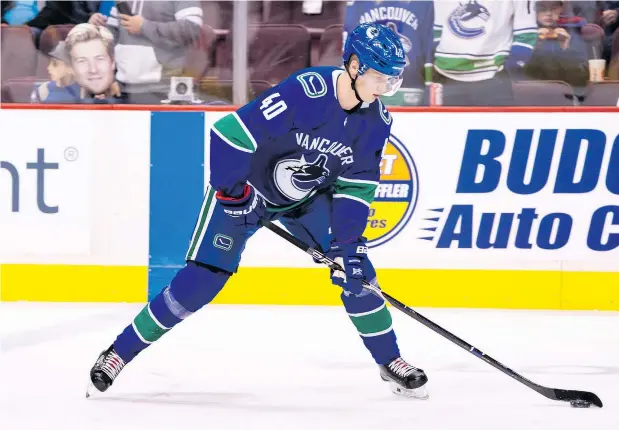  ?? RICH LAM/PNG FILES ?? Elias Pettersson of the Vancouver Canucks warms up before his first NHL game against the Calgary Flames on Oct. 3 at Rogers Arena. In Sweden, Pettersson’s skills and keen sense for hockey earned him the nickname ‘The Alien.’