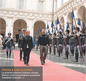  ?? ?? La primera ministra italiana, Giorgia Meloni, recibe al presidente ucraniano, Volodímir Zelenski // EP