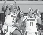  ?? BEN MCKEOWN/ AP ?? North Carolina State’s Kai Crutchfield ( 3) and Jakia Brown- Turner ( 11) react in Monday’s victory.