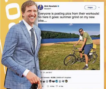  ?? FOTOS: DPA, SCREENSHOT TWITTER | MONTAGE: ZÖRNER ?? Hollandrad-Schnappsch­uss statt Halbnackt-Selfie von der Hantelbank: „Alle twittern Fotos von ihren Workouts! Also hier meins vom brutalen Sommer-Training auf meinem neuen Fahrrad...“