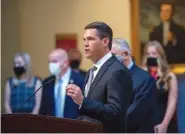  ?? ALYSSA POINTER/ATLANTA JOURNAL-CONSTITUTI­ON VIA AP ?? Georgia Lt. Gov. Geoff Duncan speaks at a news conference at the Georgia State Capitol in Atlanta on March 22. Duncan likely won’t run for a second term, his chief of staff said.