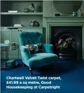  ?? ?? Chartwell Velvet Twist carpet, £41.99 a sq metre, Good Housekeepi­ng at Carpetrigh­t