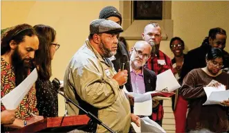  ?? CHRIS STEWART / STAFF ?? Mark Donelson of Dayton speaks during an anti-hate community forum on Wednesday. More than 200 people attended the event to discuss responses to an Indiana-based Ku Klux Klan group’s planned rally this coming Saturday in downtown Dayton.