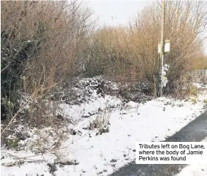  ??  ?? Tributes left on Bog Lane, where the body of Jamie Perkins was found