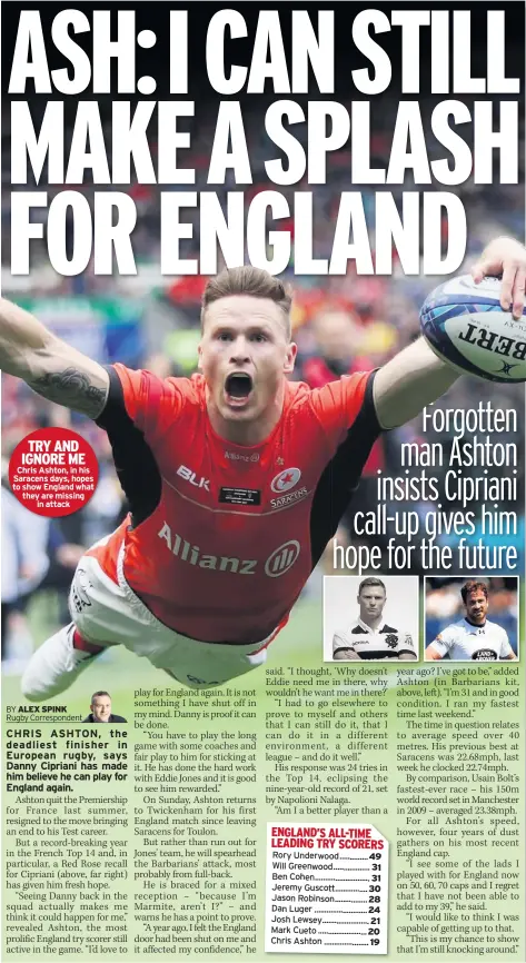  ??  ?? TRY AND IGNORE ME Chris Ashton, in his Saracens days, hopes to show England what they are missing in attack