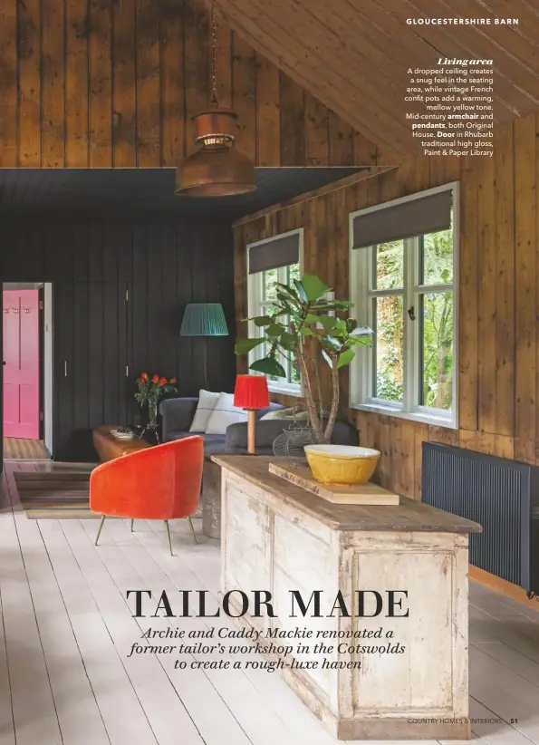  ??  ?? Living area A dropped ceiling creates a snug feel in the seating area, while vintage French confit pots add a warming, mellow yellow tone. Mid-century armchair and pendants, both Original House. Door in Rhubarb traditiona­l high gloss, Paint & Paper Library