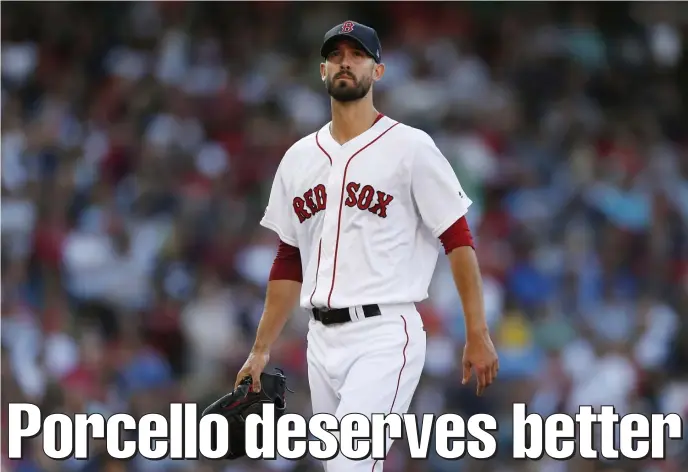  ?? ASSOCIATED PRESS ?? DONE FOR THE DAY: Rick Porcello heads to the dugout after getting the hook in the sixth inning of yesterday’s loss.