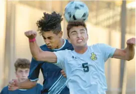  ?? AMY DAVIS/BALTIMORE SUN ?? Ryan Skandalis, right, pictured during a game against Gilman last year, had a goal to help John Carroll claim a sturdy 4-2 win over Curley on Wednesday.